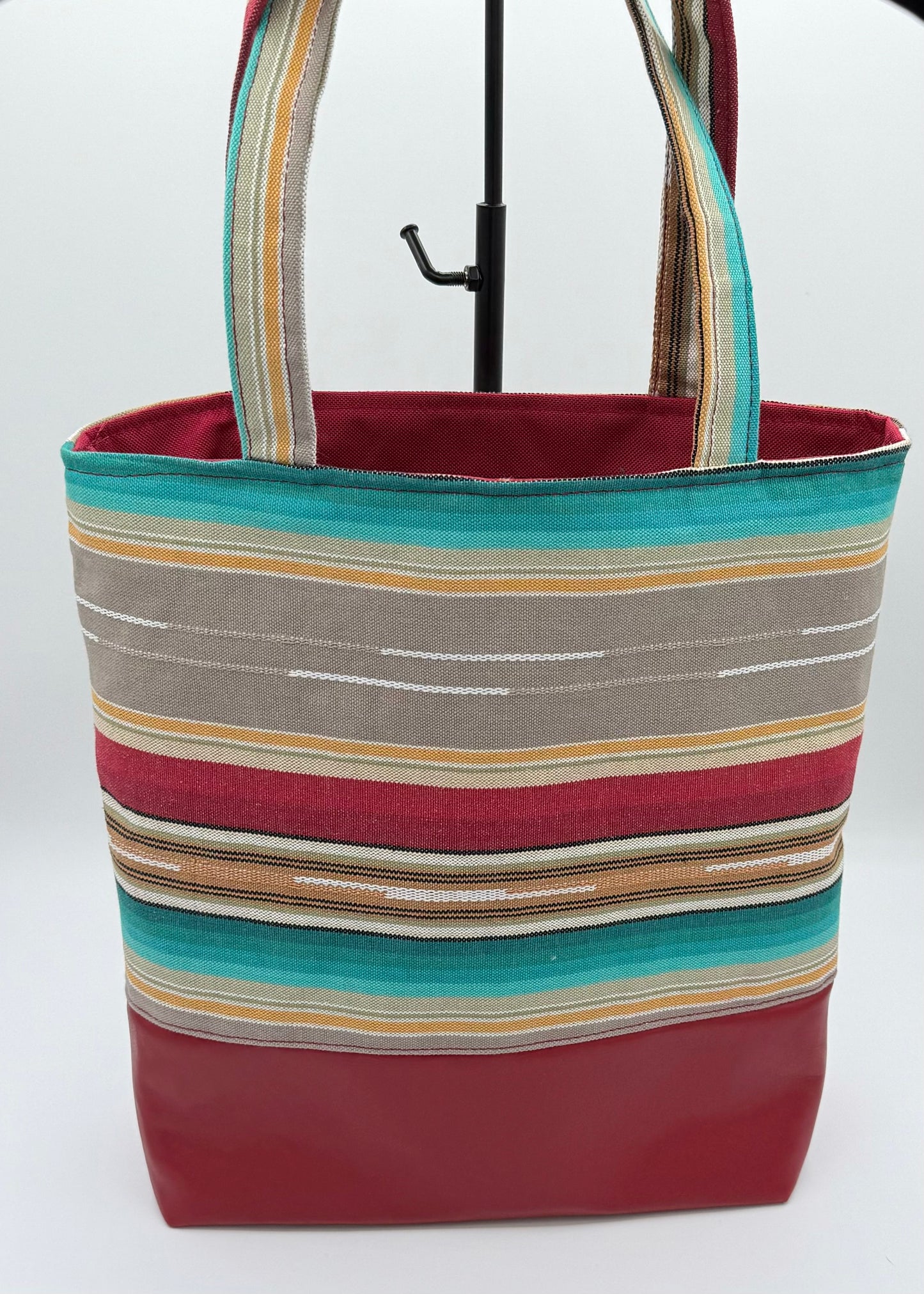 Tuesday Tote - Red Vinyl and Striped Canvas