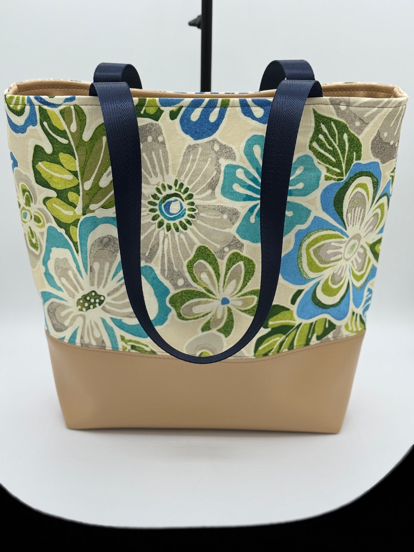 Tuesday Tote - Tan Vinyl and Blue Floral Canvas